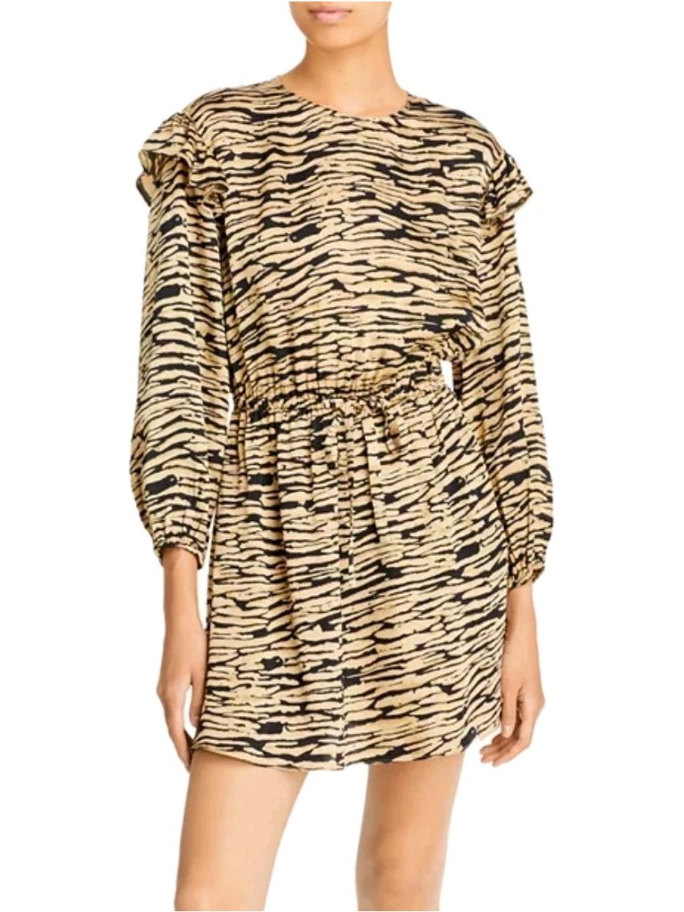 $238 Rails Ora Canyon Size L Womens Ruffled Animal Print Long Sleeve Mini Dress